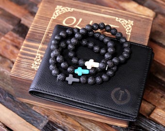 Monogram Black Leather Wallet with Cross Bracelets, Gift for Christian Teen Son, Christian Teenager Gift, Confirmation Gift for Boys