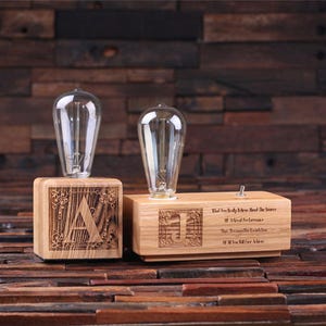 May include: Two wooden desk lamps with Edison bulb light fixtures. Each lamp has a different letter carved into the wood base. The lamp on the right has the text "What You Really Believe About The Source Of A Great Performance, That Becomes The Foundation Of All You Will Ever Achieve."