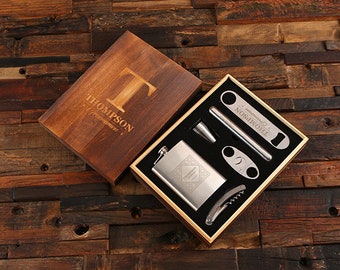 Whiskey Flask, Wine Opener, Cigar Holder, Bottle Opener in Wood Box Personalized Groomsmen Wedding Gift Set in Wood Box #026661