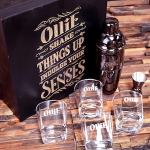 Mixology Cocktail Shaker Set Engraved, Home Bar Gift for Dad, Boyfriend Christmas Gift, Personalized Cocktail Set with Glasses, Whiskey Set