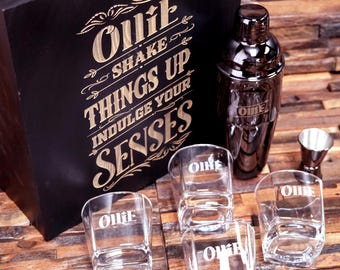 Mixology Cocktail Shaker Set Engraved, Home Bar Gift for Dad, Boyfriend Christmas Gift, Personalized Cocktail Set with Glasses, Whiskey Set