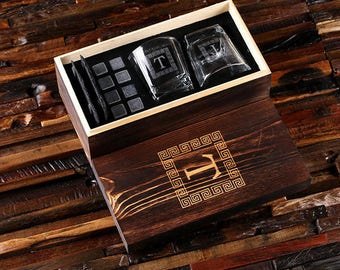 Whiskey Glasses Slate Coasters Sipping Stones in Wood Box