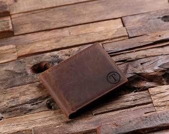 Monedero personalizado con monograma grabado en cuero, billetera plegable para hombre, caja de regalo de madera, regalo para padrinos de boda, padrinos de boda, día del padre