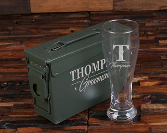 Personalized .30 Cal Ammo Box and Beer Glass Set