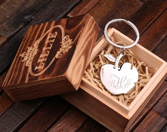 Personalized Monogrammed Apple Key Chain for Women, Girlfriend, Teacher Gift, Birthday Mother's Day Gift Idea with Wood Gift Box