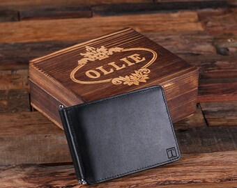 NOUVEAU-Slim Fit ! Personnalisé cuir gravé monogrammé Bifold Mens Travel Wallet argent Clip avec option cadeau bois boîte garçons d'honneur, meilleur homme