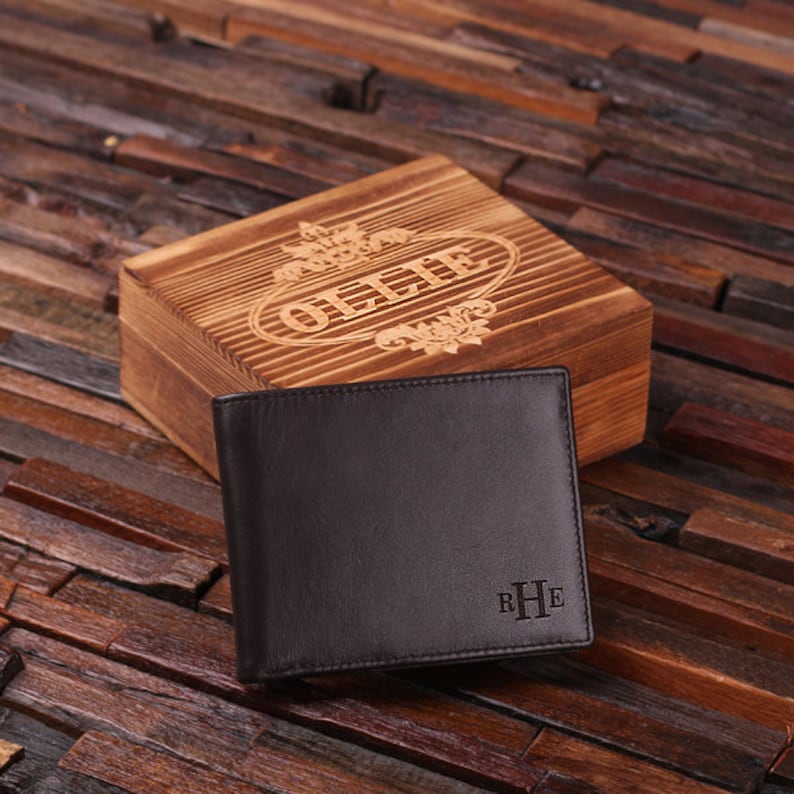 Personalized Monogrammed Engraved Genuine Leather Bifold Mens Wallet with Optional Wood Gift Box Groomsmen, Best Man, Father's Day Gift 