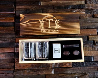 Cufflinks, Tie Clip, Money Clip & 2 Shot Glass Cherrywood Gift Set for Men Birthday, Father's Day, Valentine Day Husband, Boyfriend or Son