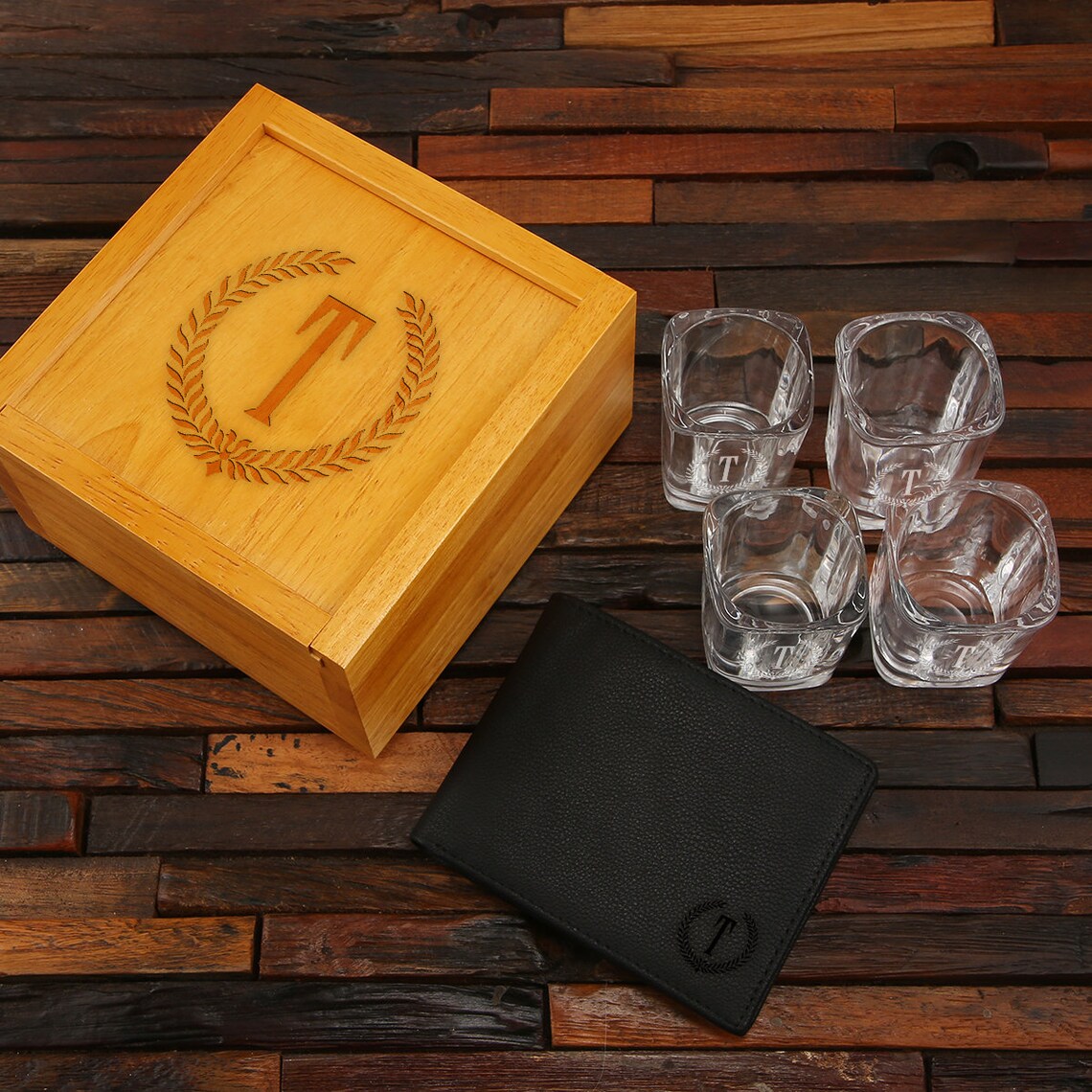 Personalized Shot Glasses 4 and Leather Wallet with Oak image 1