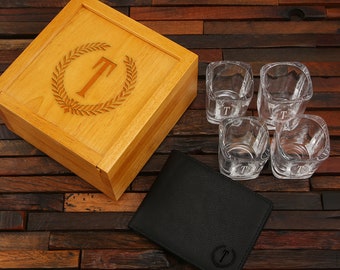 Personalized Shot Glasses (4) and Leather Wallet with Oak Keepsake Box Engraved