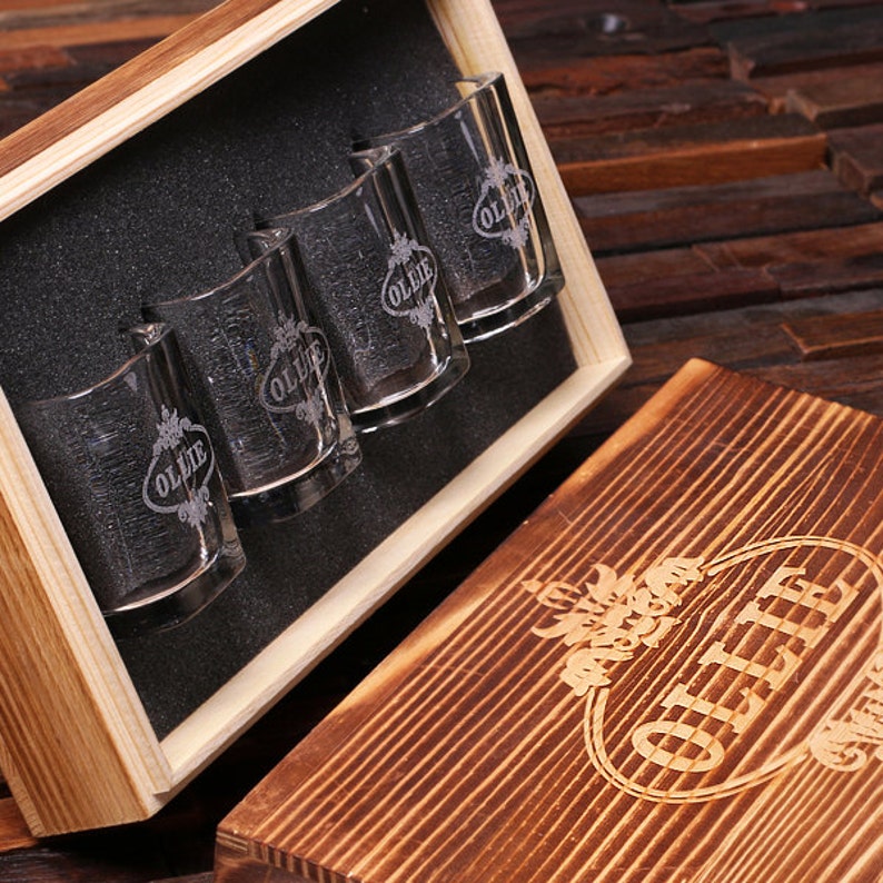 Personalized Shot Glasses 4 With Wood Box Groomsmen Best
