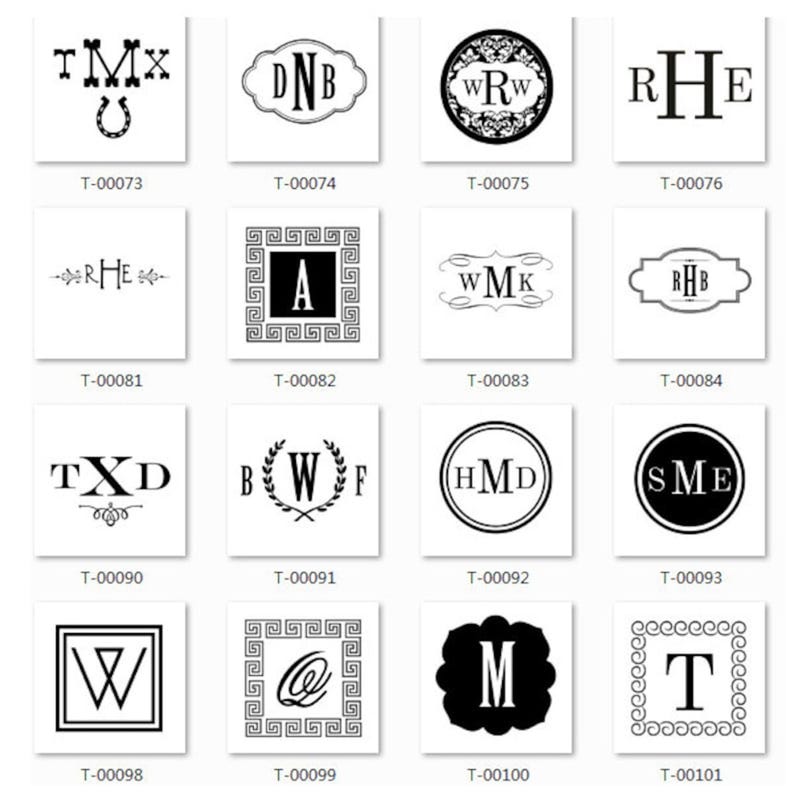 May include: A grid of 12 black and white monogram designs. Each design features a different combination of letters and symbols, such as a horseshoe, a wreath, and a Greek key border. The designs are arranged in a grid with a white background.