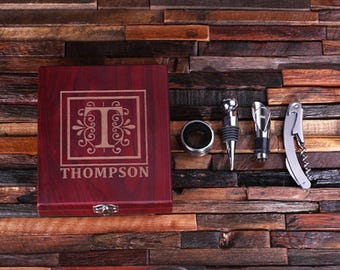 Personalized 5pc Wine Accessories Tool Kit Gift Set Engraved or Monogrammed on Wood  Not Cheap Looking (024348)