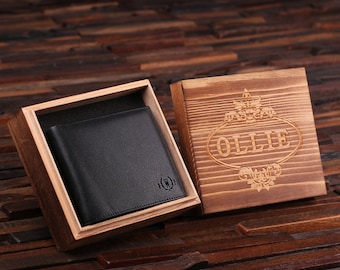 Personalized Monogrammed Engraved Genuine Leather Bifold Mens Wallet with Optional Wood Gift Box Groomsmen, Best Man, Father's Day Gift