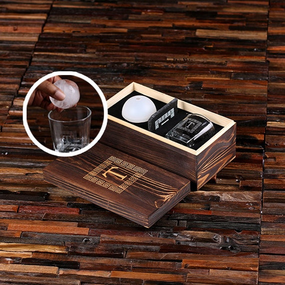 Custom Whiskey Glasses, Ice Balls, Coasters & Wood Box Set - Teals