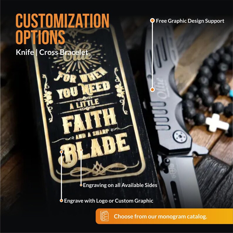 May include: A black wooden sign with the text "For when you need a little faith and a sharp blade" engraved in gold. The sign is next to a black folding knife with a silver handle. The sign is for sale and can be customized with a logo or graphic.