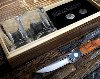 Pocket Knife, 2 Shot Glasses & Cufflinks Gift Set - Cherrywood Box Men's Gift for Husband Anniversary, Boyfriend Birthday, Father's Day
