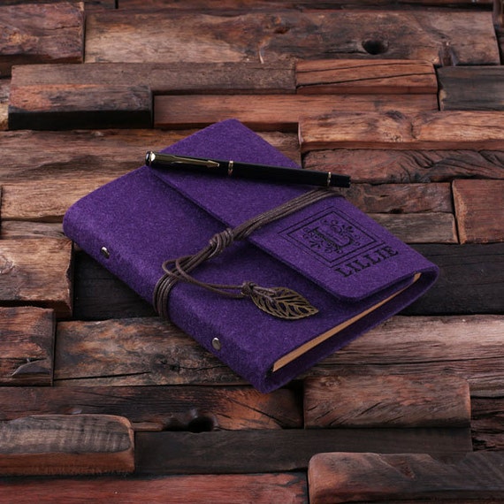 Purple Monogrammed Personalized Felt Engraved Notebook Diary