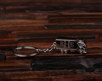 Personalized Monogrammed Trucker, Truck Driver Key Chain Men, Boyfriend, Birthday Father's Day Gift Idea with  Wood Gift Box