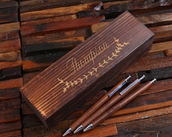 Three Personalized Dark Walnut Wood Pens and Wood Box Gift Set