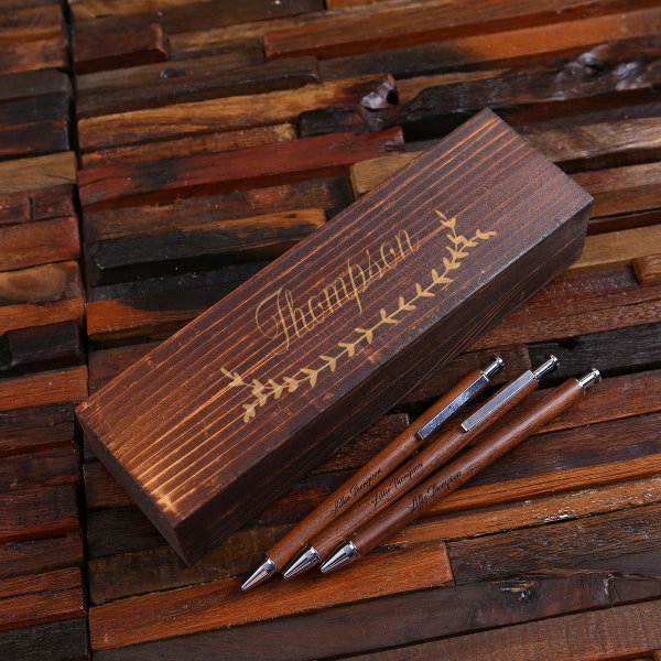 Three Personalized Dark Walnut Wood Pens and Wood Box Gift Set