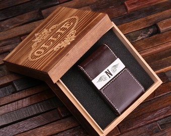 Personalized Leather Engraved Monogrammed Business Card Holder Groomsmen, Graduation, Christmas Holiday Gift Him and Her