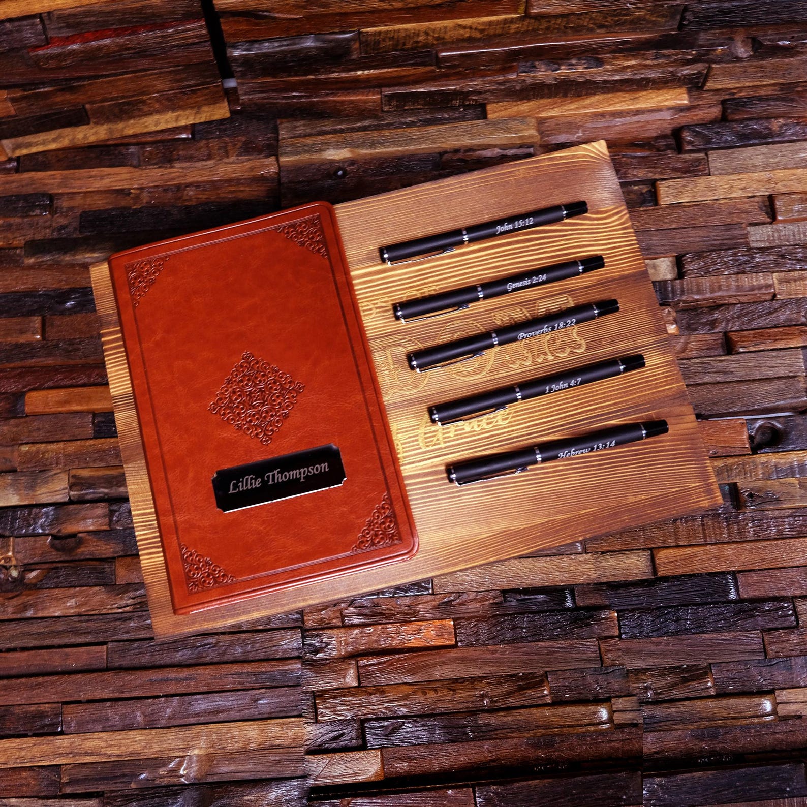 Custom Leather ESV Bible With Scriptures Verses Pens and Keepsake Wood ...