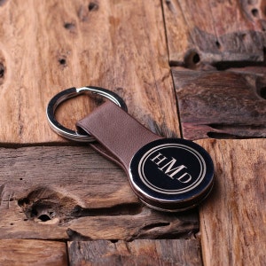 Personalized Round Leather Key Chain Monogrammed Groomsmen, Bridesmaid, Father's Day, Coworker Gift
