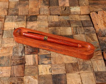 Personalized Merbau Wood Pen with Gold Hardware & Matching Pen Holder Gift Set for Business Executives and Secretaries 027626