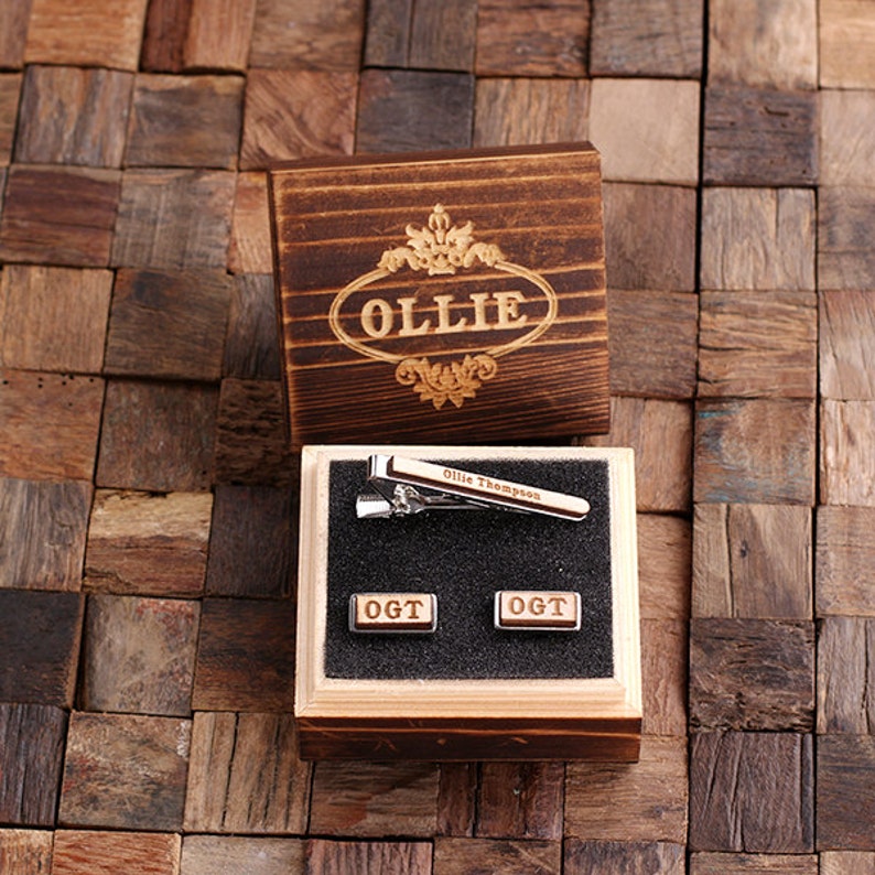 Best Man Father/'s Day Gift Personalized Men/'s Classic Round Wood Cuff Link and Wood Tie Clip Monogrammed Engraved Groomsmen
