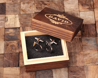 Initial "D" Personalized Men's Classic Cuff Link with Wood Box Monogrammed Engraved Groomsmen, Best Man, Father's Day Gift