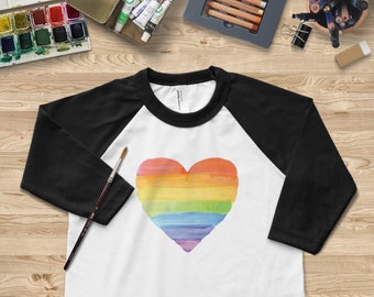 Watercolor Rainbow Heart Raglan Tee, LGBT Shirt, LGBT Clothing, Valentines Day Shirt, Valentines Shirt for Women and Girls, Gay Pride Shirt