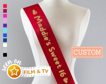Custom Sweet 16 Sash, Personalized Sweet Sixteen Party Sash, 16th Birthday Sash, Custom Birthday Sash, Quinceanera Glitter Party Sash