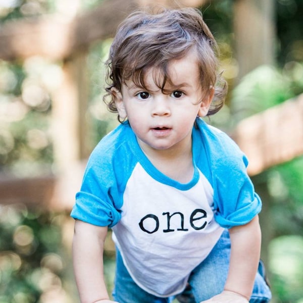May include: A toddler wearing a blue and white shirt with the word "one" on it crawls on a wooden surface. The toddler has brown hair and is looking at the camera.
