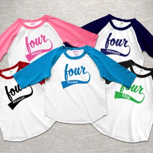 May include: Six white raglan baseball style shirts with different colored sleeves. Each shirt has the word "four" in a script font, with a name below. The sleeve colors are pink, navy, red, blue, black, and green.