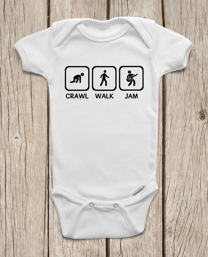 Crawl Walk Jam Guitar ONESIES ® Brand Bodysuits Baby Bodysuit or Baby T-Shirt Rockstar Baby Shirt Rocker Baby Guitar Baby Shower image 1