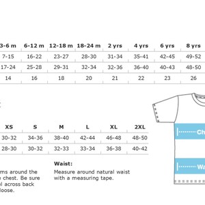 May include: A white size chart for kids' tops and unisex adult shirts. Measurements are in inches for chest, waist, and height, and pounds for weight. Includes a diagram of a t-shirt with chest and waist measurement lines.