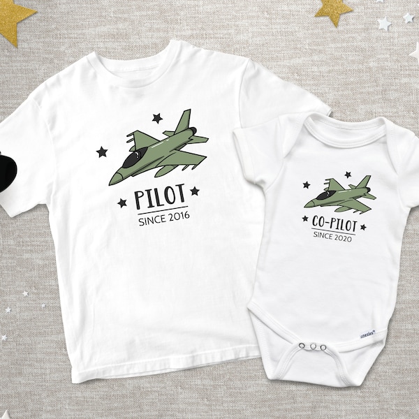 Pilot and Co-Pilot Fighter Jet Set ONESIES ® Baby Bodysuit or Children's T-Shirt, Personalized Sibling Outfits, Pregnancy Announcement