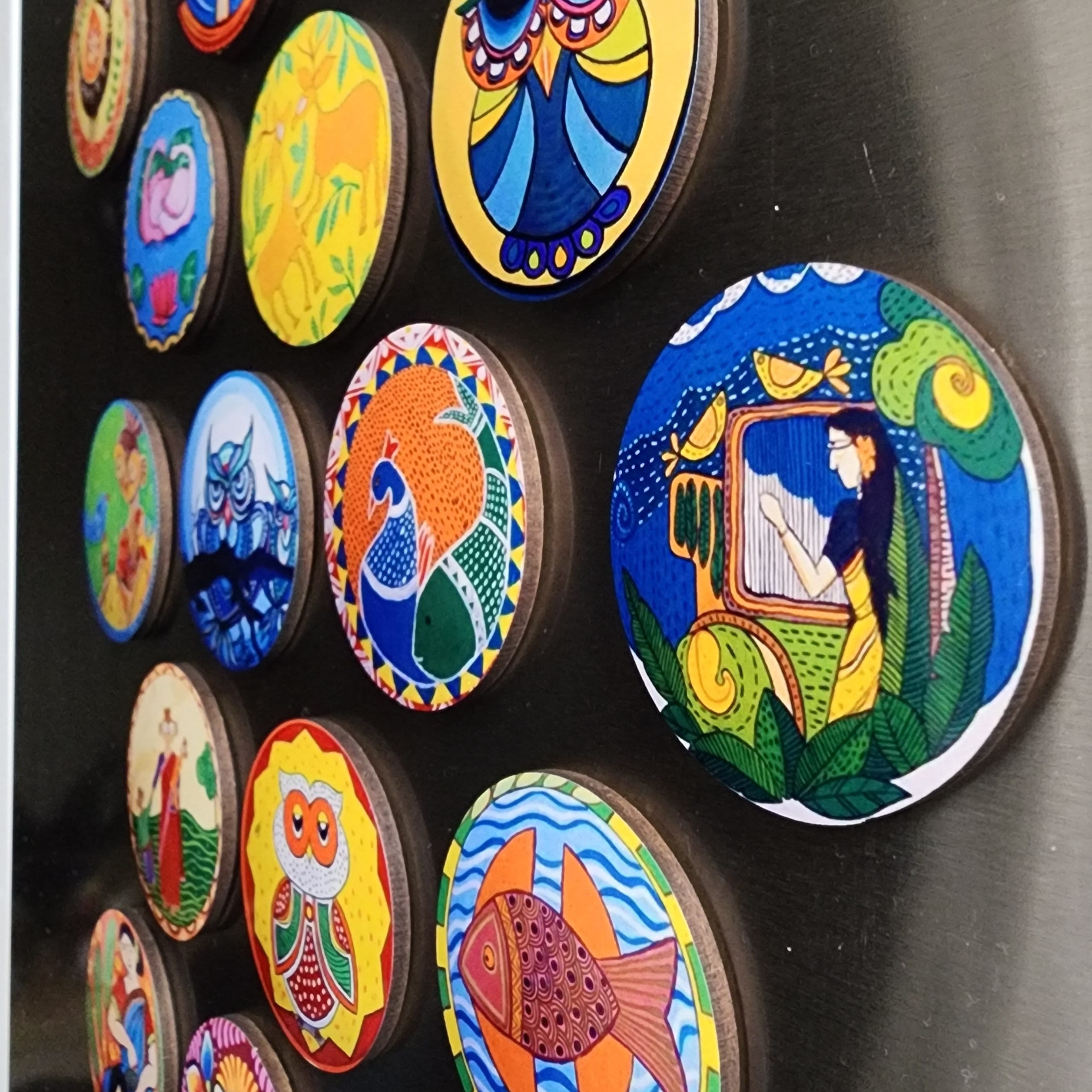 Multicolor - Madhubani Handpainted Wooden Photo Frame Fridge Magnet (Set of 2) 47