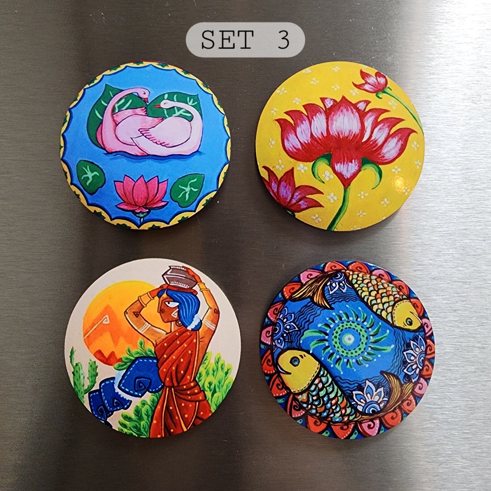 Multicolor - Madhubani Handpainted Wooden Fridge Magnet 37
