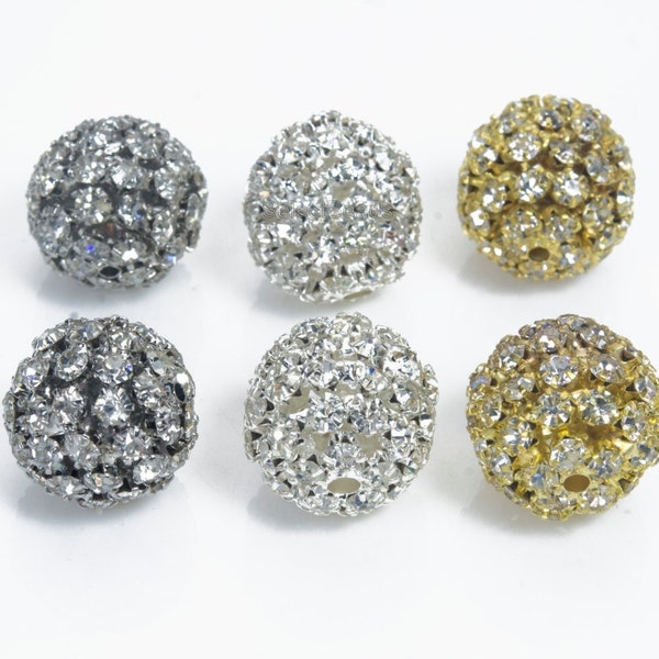 rhinestone ball beads - crystal decored filigree round beads - disco ball jewelry beads -  16mm white rhinestone crystal beads