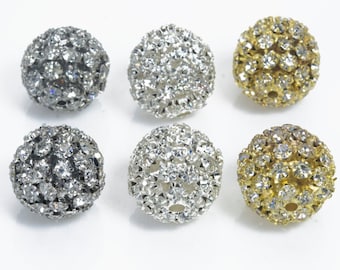 rhinestone ball beads - crystal decored filigree round beads - disco ball jewelry beads -  16mm white rhinestone crystal beads
