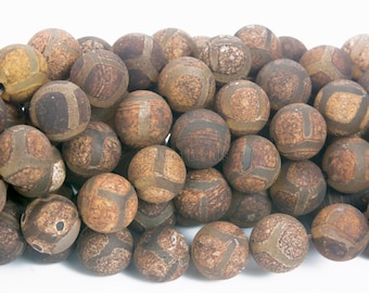 brown football  DZI agate  beads - Tibetan agate gemstone beads - matte round agate beads - vintage style agate beads -8-12mm beads -15 inch