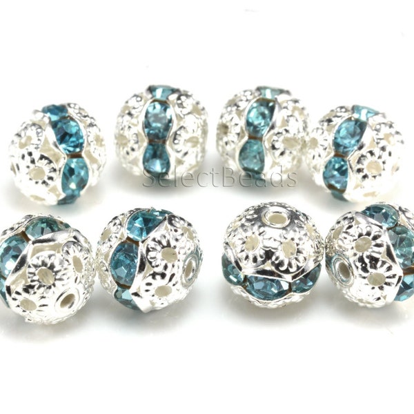 lake blue crystal rhinestone beads - aqua blue rhinestone jewelry beads - silver plated brass round beads - wholesale beading materials