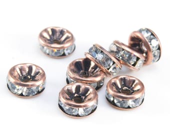 clear rhinestone spacers -  antique copper tone beadcap- antique style findings - brass  separators - size 4-12mm - 100pcs