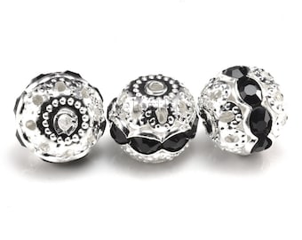 rhinestone ball beads - black and white beads - black rhinestone and filigree copper beads - silver plated metal beads - ball beads  -50pcs