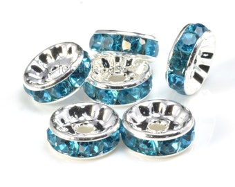 entretoises en cristal bleu - séparateurs en laiton plaqué argent - trouvailles métalliques - trouvailles de bijoux bleus - perles rondelles pour bracelets -100pcs