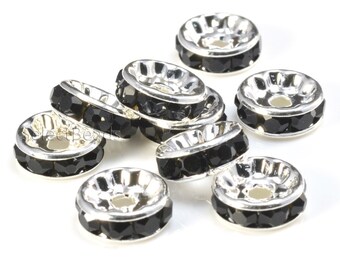 espaciadores de rondelle de cristal negro - separadores de latón plateado - hallazgos de joyería de metal de disco - material de cuentas de pedrería negra -100pcs