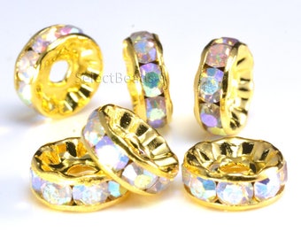 perle d’espacement en cuivre de strass, plaqué or jaune, strass enduit d’AB blanc, 4-12mm, perle de cristal, fournitures d’artisanat, fabrication de bijoux - 100pcs
