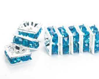 perles carrées d’espacement carré en cristal bleu aqua - perles d’espacement pour la fabrication de bijoux - entretoises en laiton plaqué argent - perles d’espacement de 5 à 10 mm -50pcs